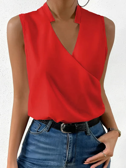 Ärmellose Wickelbluse Weiß V-Ausschnitt Elegant Büro Damen