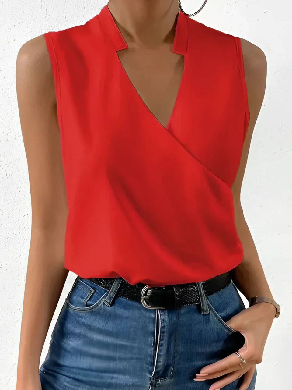 Ärmellose Wickelbluse Weiß V-Ausschnitt Elegant Büro Damen