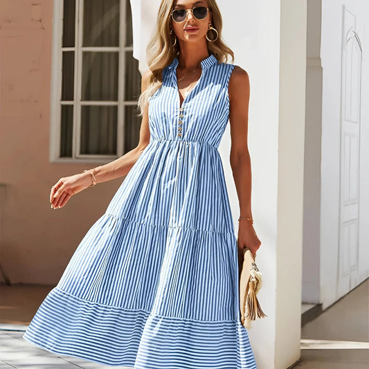 Ärmelloses Blau-Weiß Gestreiftes Sommerkleid V-Ausschnitt Damen