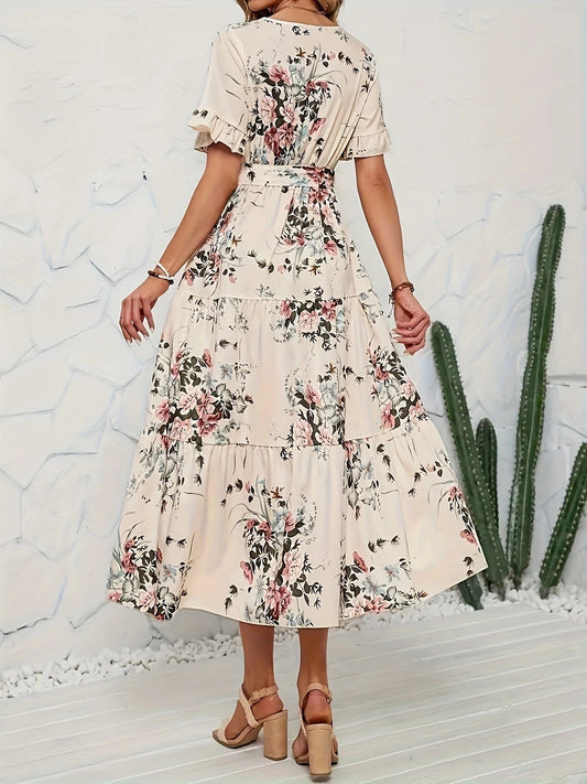 Merche Midi-Kleid mit Blumenmuster – lässiges Damenoberteil mit V-Ausschnitt und kurzen Ärmeln