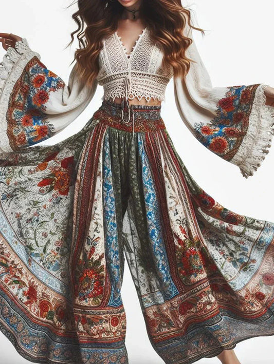 Merche Palazzo-Hosen - Floral, Ethnisches Muster, Hohe Taille, Sommer