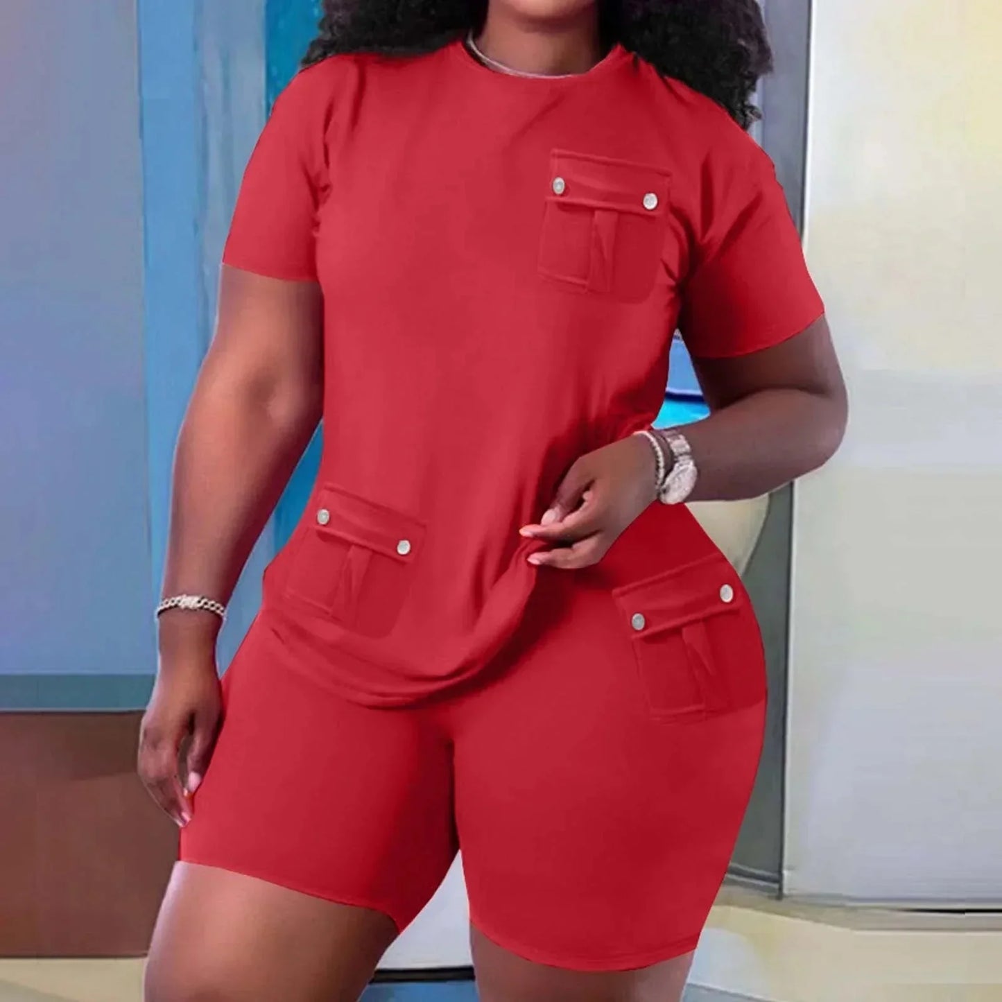 Merche Plus Size Roter Kurzarm-Jumpsuit mit Brusttasche