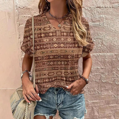 Merche Print Boho Bluse - V-Ausschnitt Tribal Shirt Damen