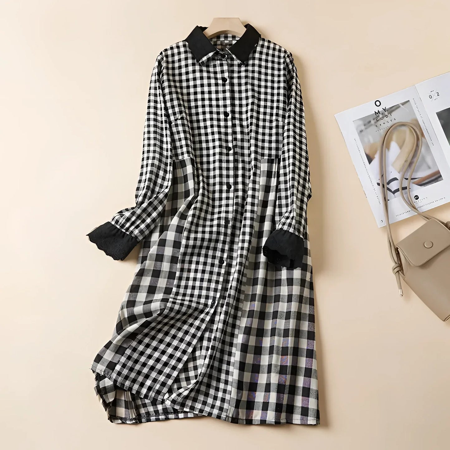 Merche-Weiß Karierter Gingham-Kleider mit Kunstfellmanschetten