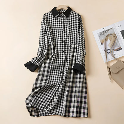 Merche-Weiß Karierter Gingham-Kleider mit Kunstfellmanschetten