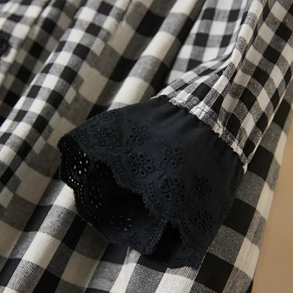 Merche-Weiß Karierter Gingham-Kleider mit Kunstfellmanschetten
