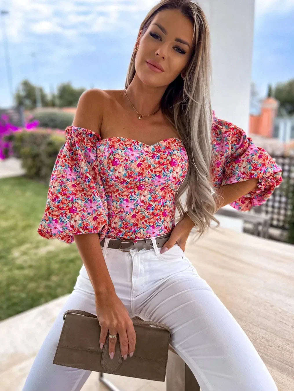 Merche Floral Bustier - Off-Shoulder Puffärmel Frühling Oberteil
