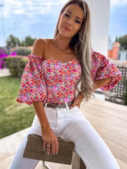 Merche Floral Bustier - Off-Shoulder Puffärmel Frühling Oberteil