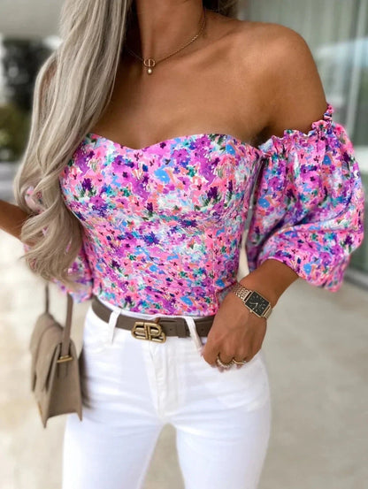 Merche Floral Bustier - Off-Shoulder Puffärmel Frühling Oberteil