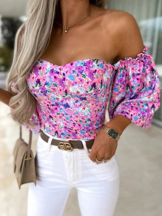 Merche Floral Bustier - Off-Shoulder Puffärmel Frühling Oberteil
