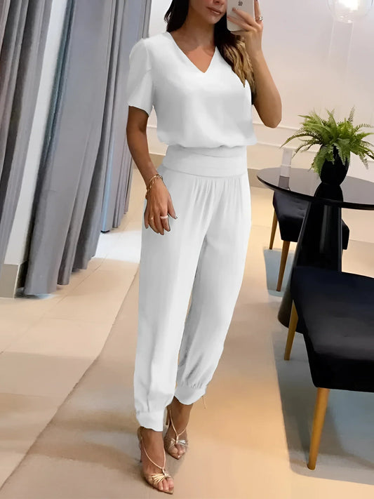 Merche V-Ausschnitt Bluse & Elastik-Hosen - Sommer Chic Zweiteiler