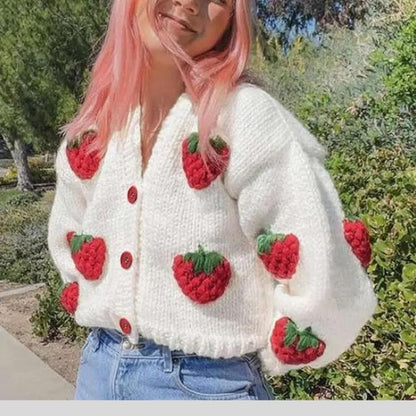Erdbeerbestickter Pullover mit Laternenärmeln