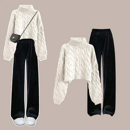 Merche Rollkragen Langarm Strickset mit weiten Beinen
