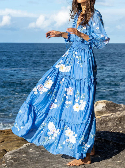 Boho Maxikleid mit Blumenmuster und V-Ausschnitt