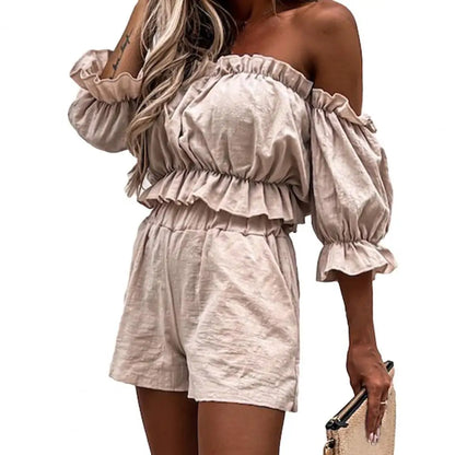 Merche shoulder elegant set med avslappnad look och shorts med hög midja