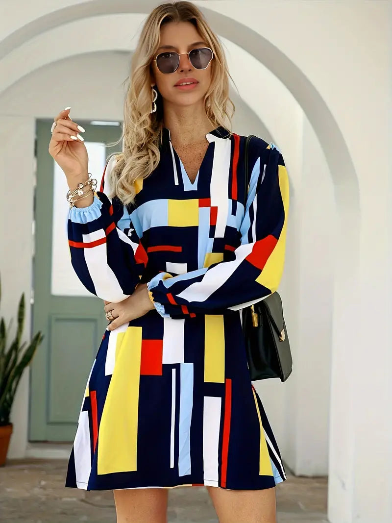 – lässiges, langärmliges kleid mit geo-print und v-ausschnitt