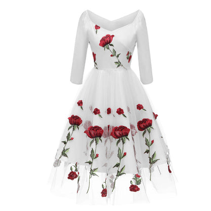 Modische Abend Party Bestickte Rose Spitze Mesh Kleid
