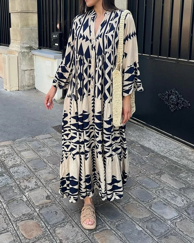 Modisches Freizeitkleid mit V-Ausschnitt und bedruckten langen Ärmeln