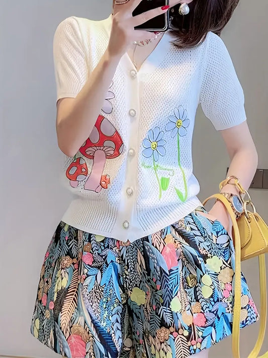 WW | Weste Mit Blumen Und Pilzmuster V-ausschnitt Für Einen Verspielten Look