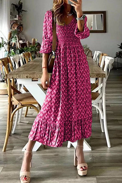 V-Ausschnitt Langer Rock Taille Blumendruck Großes Swing-Kleid