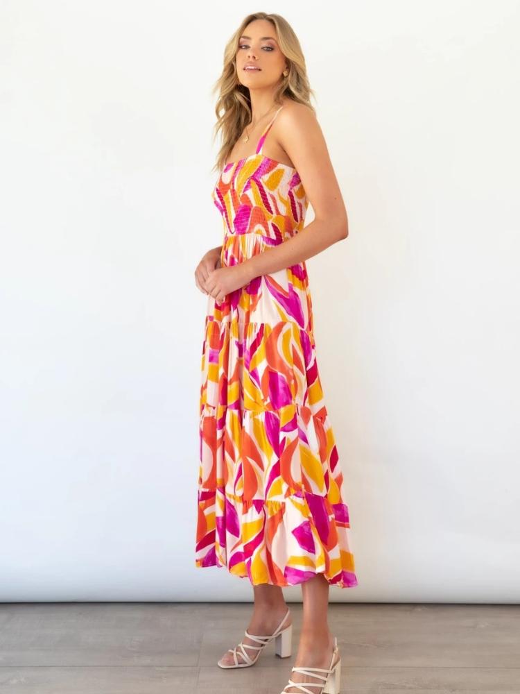 Merche | Gedrucktes Raffiniertes Oberteil Stufen Maxi Sommerkleid