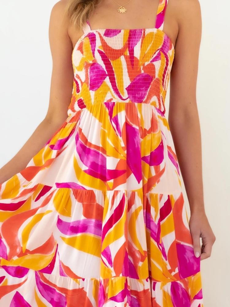 Merche | Gedrucktes Raffiniertes Oberteil Stufen Maxi Sommerkleid