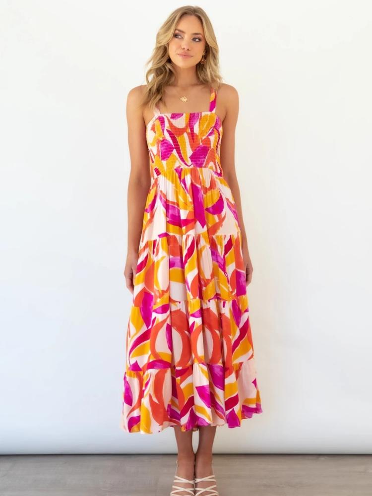 Merche | Gedrucktes Raffiniertes Oberteil Stufen Maxi Sommerkleid