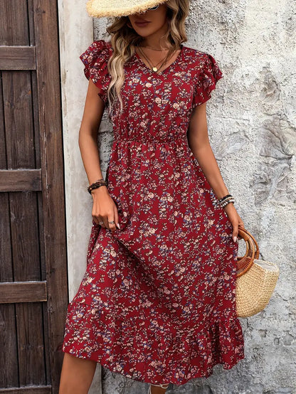 – florales kleid mit v-ausschnitt und eleganten rüschenärmeln