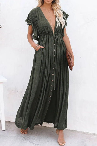 Feeenhaftes Luftiges V-Ausschnitt Kleid mit Rüschärmeln