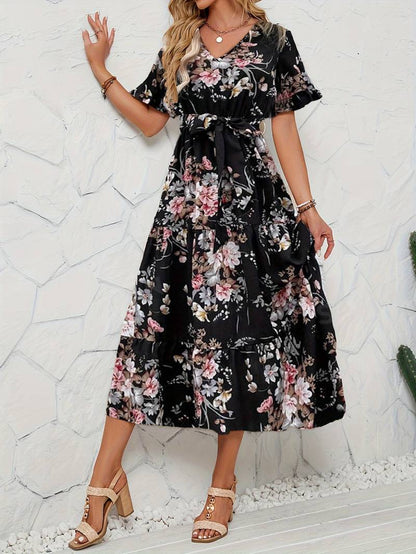 – kurzärmliges rüschenkleid mit blumendruck und v-ausschnitt