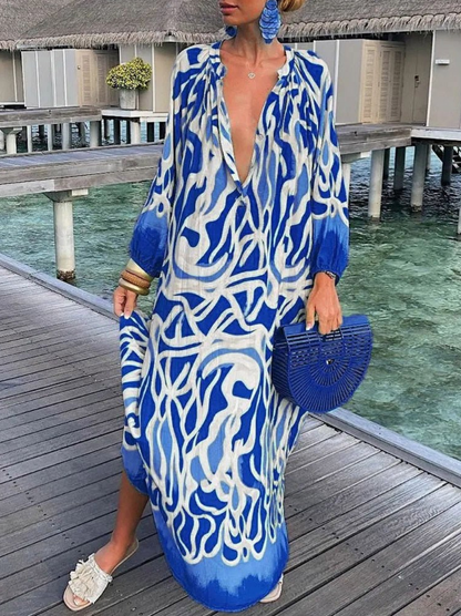Langärmeliges Maxikleid mit tiefem V-Ausschnitt