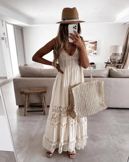 Damen Spitzenkleid Sexy V-Ausschnitt Boho Kleid Holiday Beach Dress