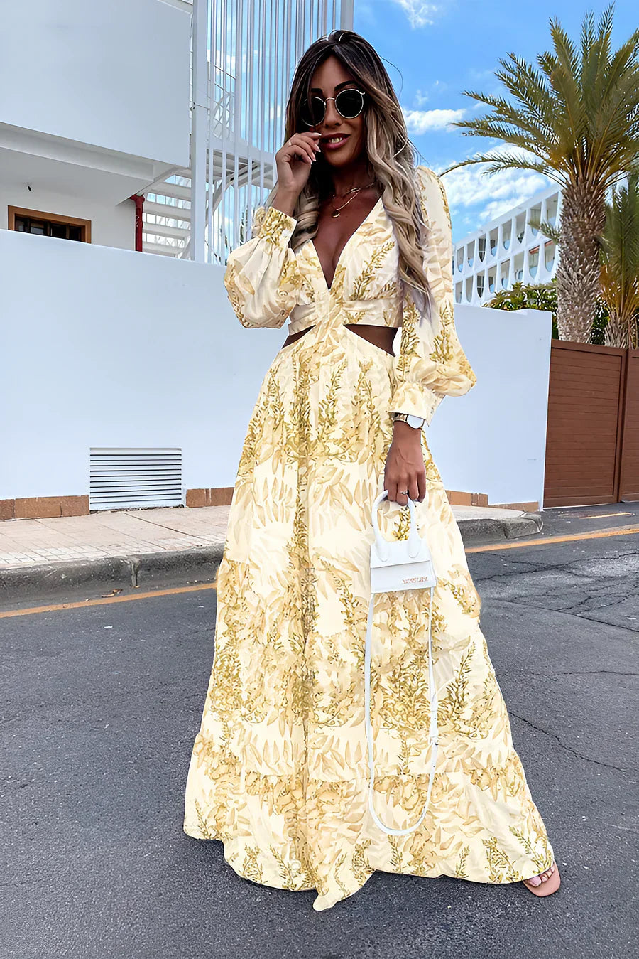 Stylisches langärmeliges Kleid mit bedrucktem V-Ausschnitt