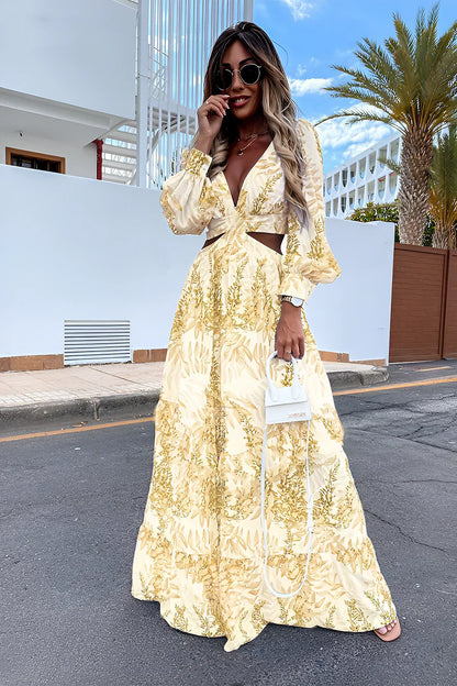 Stylisches langärmeliges Kleid mit bedrucktem V-Ausschnitt
