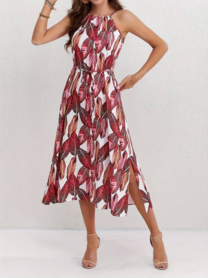 – neckholder-strandkleid mit blattmuster