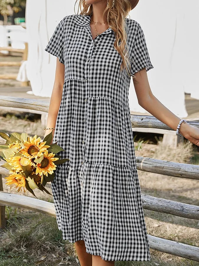 Damen Kariertes Hemdkragen Freizeitkleid