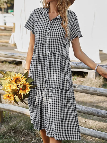 Damen Kariertes Hemdkragen Freizeitkleid