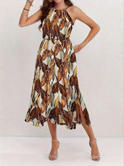 – neckholder-strandkleid mit blattmuster