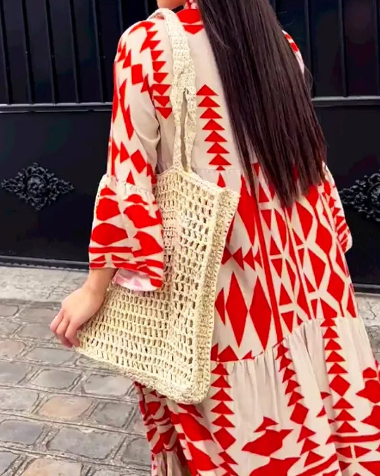 Modisches Freizeitkleid mit V-Ausschnitt und bedruckten langen Ärmeln