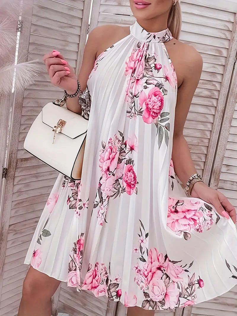 – ärmelloses faltenkleid mit blumendruck