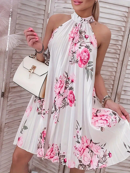 – ärmelloses faltenkleid mit blumendruck