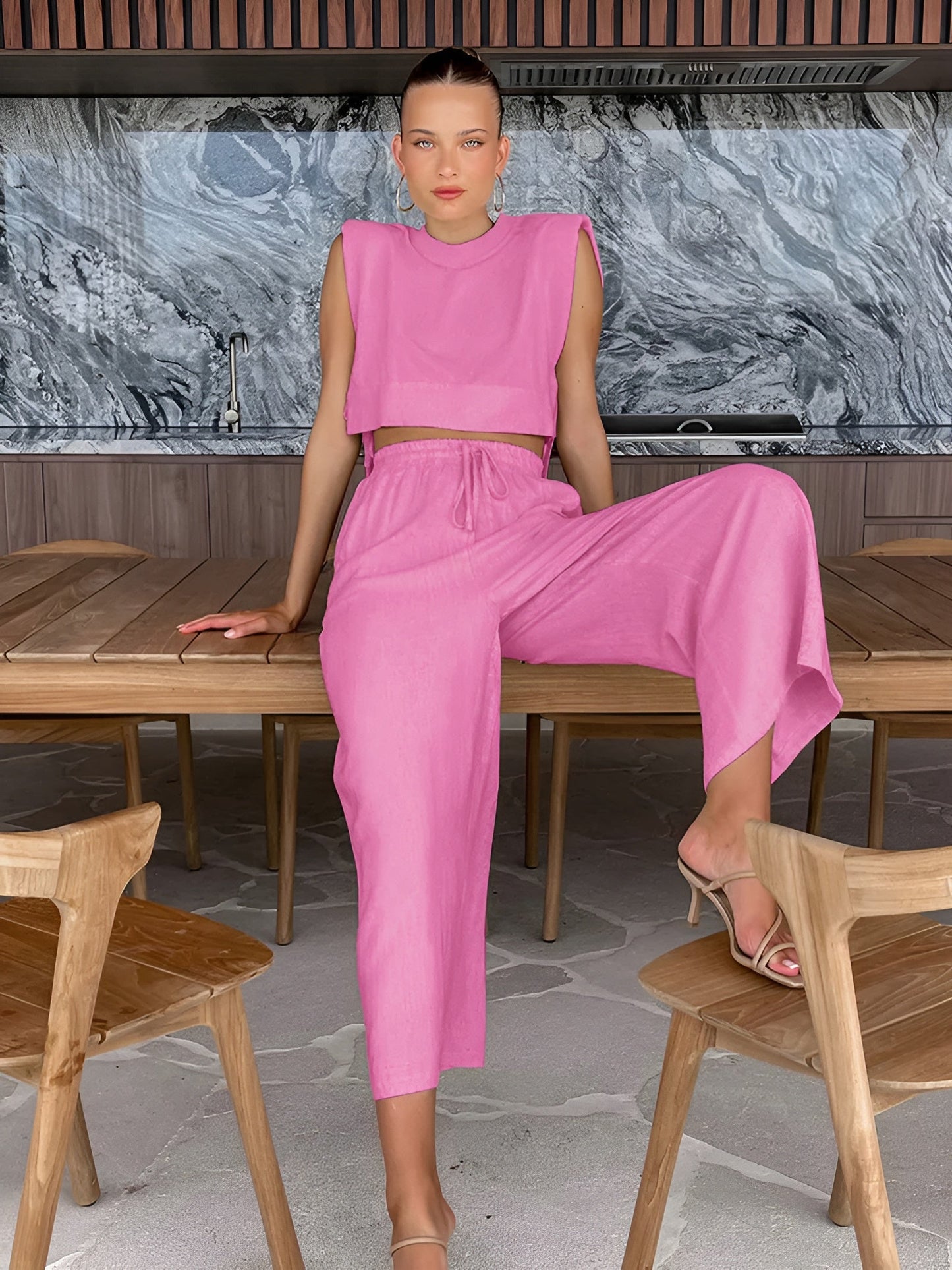 Merche | Elegantes Zweiteiliges Sommer-Leinen-Outfit für Damen (kurzes Oberteil + Hose)
