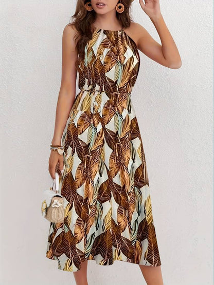 – neckholder-strandkleid mit blattmuster