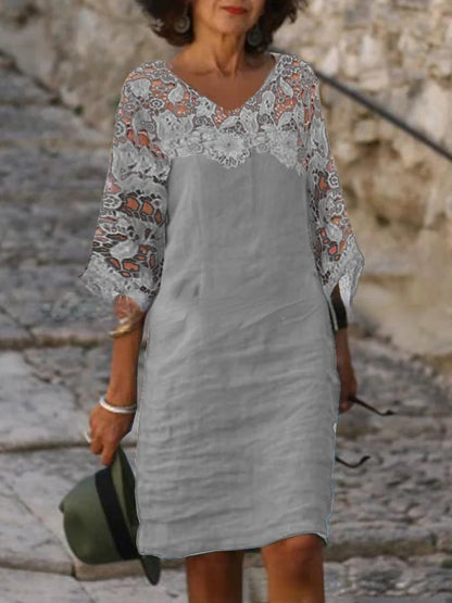 Einreihiges Kleid mit Kragen aus Baumwolle und Leinen mit kurzen Ärmeln für Damen