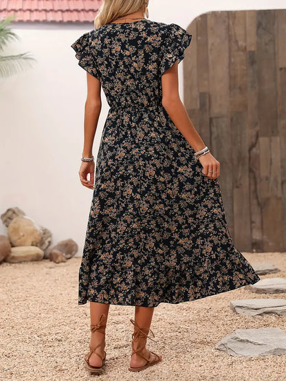 – florales kleid mit v-ausschnitt und eleganten rüschenärmeln