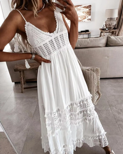 Damen Spitzenkleid Sexy V-Ausschnitt Boho Kleid Holiday Beach Dress