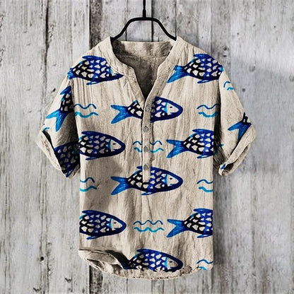 WW | Weinlese Fisch Japanische Kunst Leinenmischung Hemd