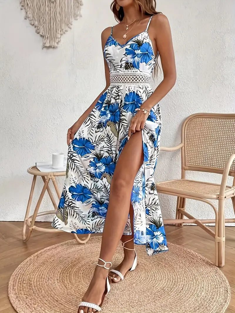 Damen Blumiges ärmelloses Split Maxikleid