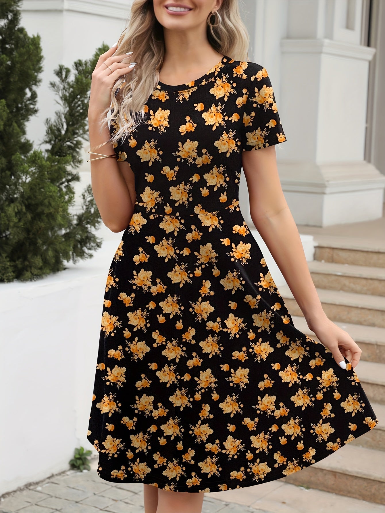 Blumen Print Rundhalsausschnitt Damen Kleid