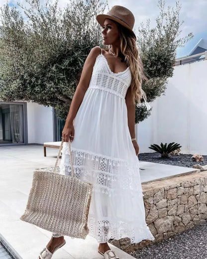 Damen Spitzenkleid Sexy V-Ausschnitt Boho Kleid Holiday Beach Dress